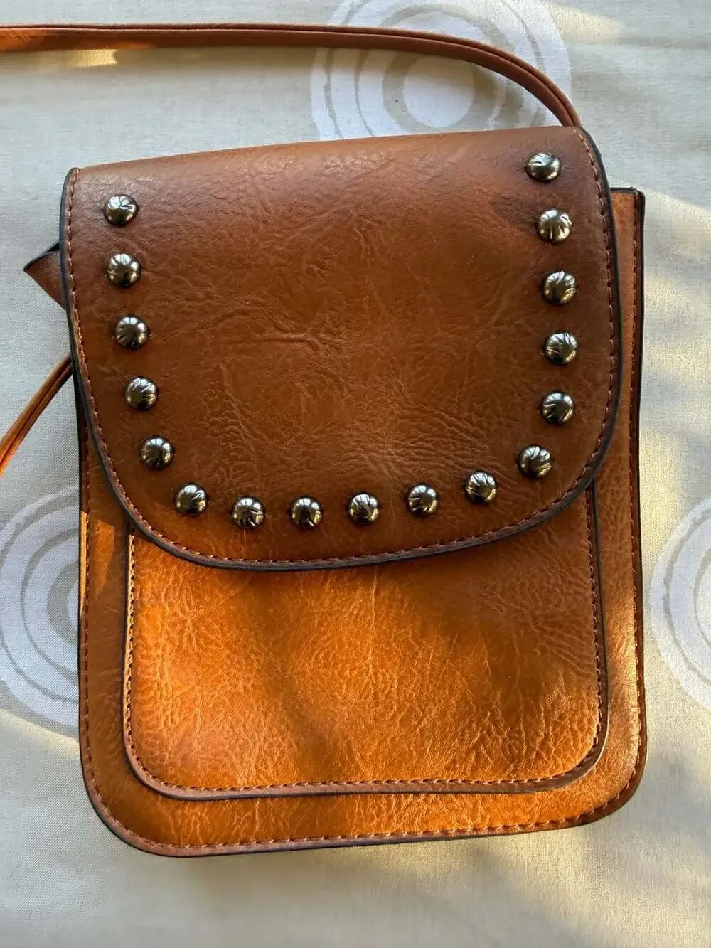 Brown Faux Leather Mini Studded Flap Crossbody Bag